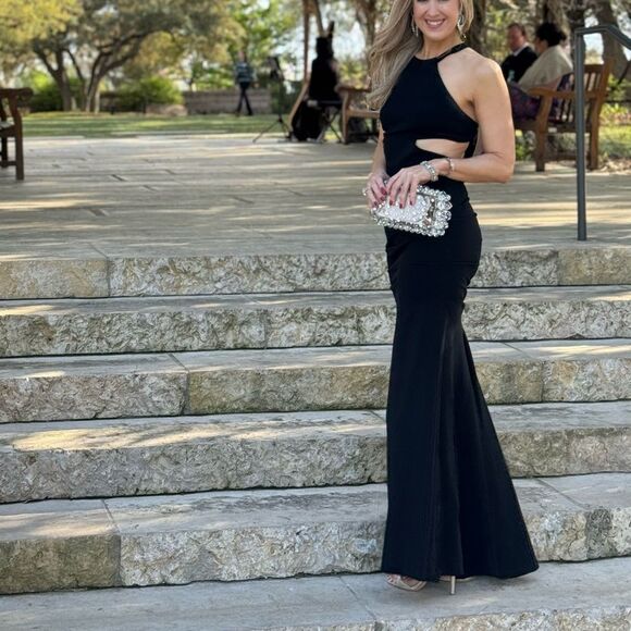 Nicole Miller black gown maxi open back 4 black tie cocktail